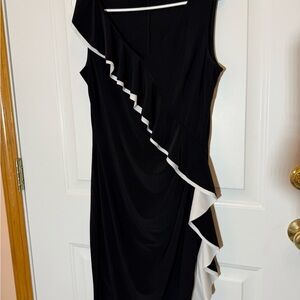 American Living Black Sleeveless Asymmetrical Ruffle Dress with White Trim
